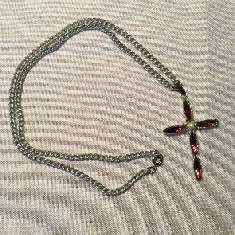 Silver Tone Amethyst & Pearl Cross Necklace